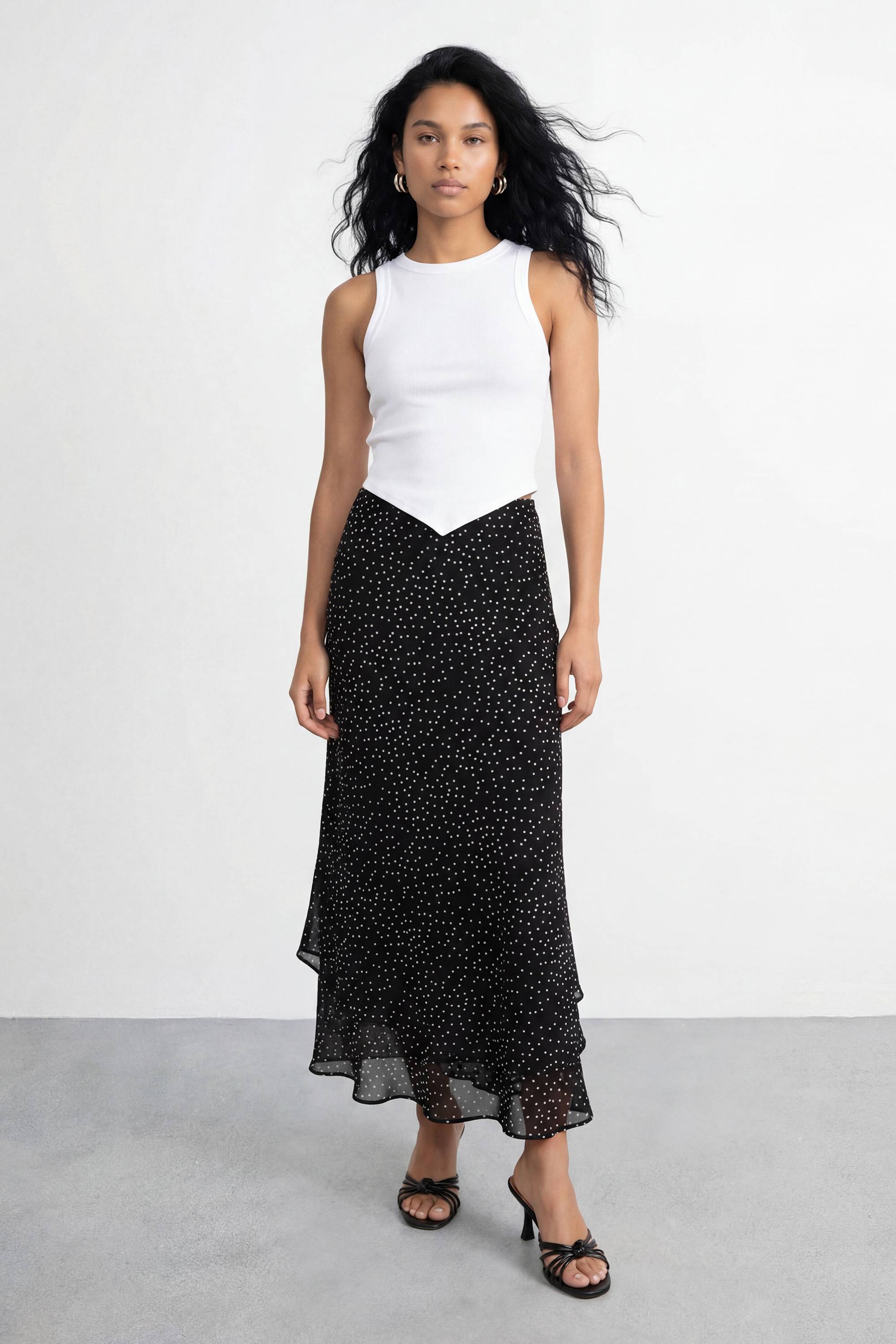 Warehouse Jupe Midi À Pois Taille Haute Coupe Biais Avec Volants