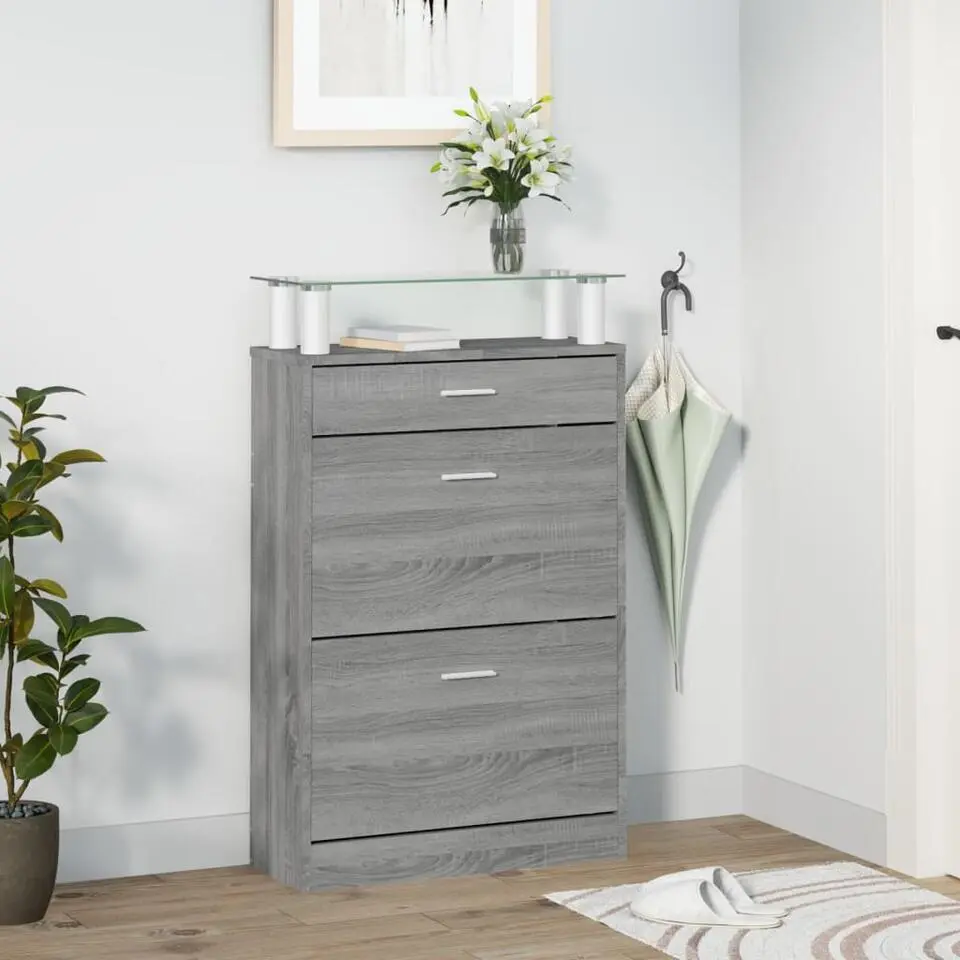 vidaXL - Schoenenkast met 3 kleppen en lade - Grijs sonoma met glazen bovenblad