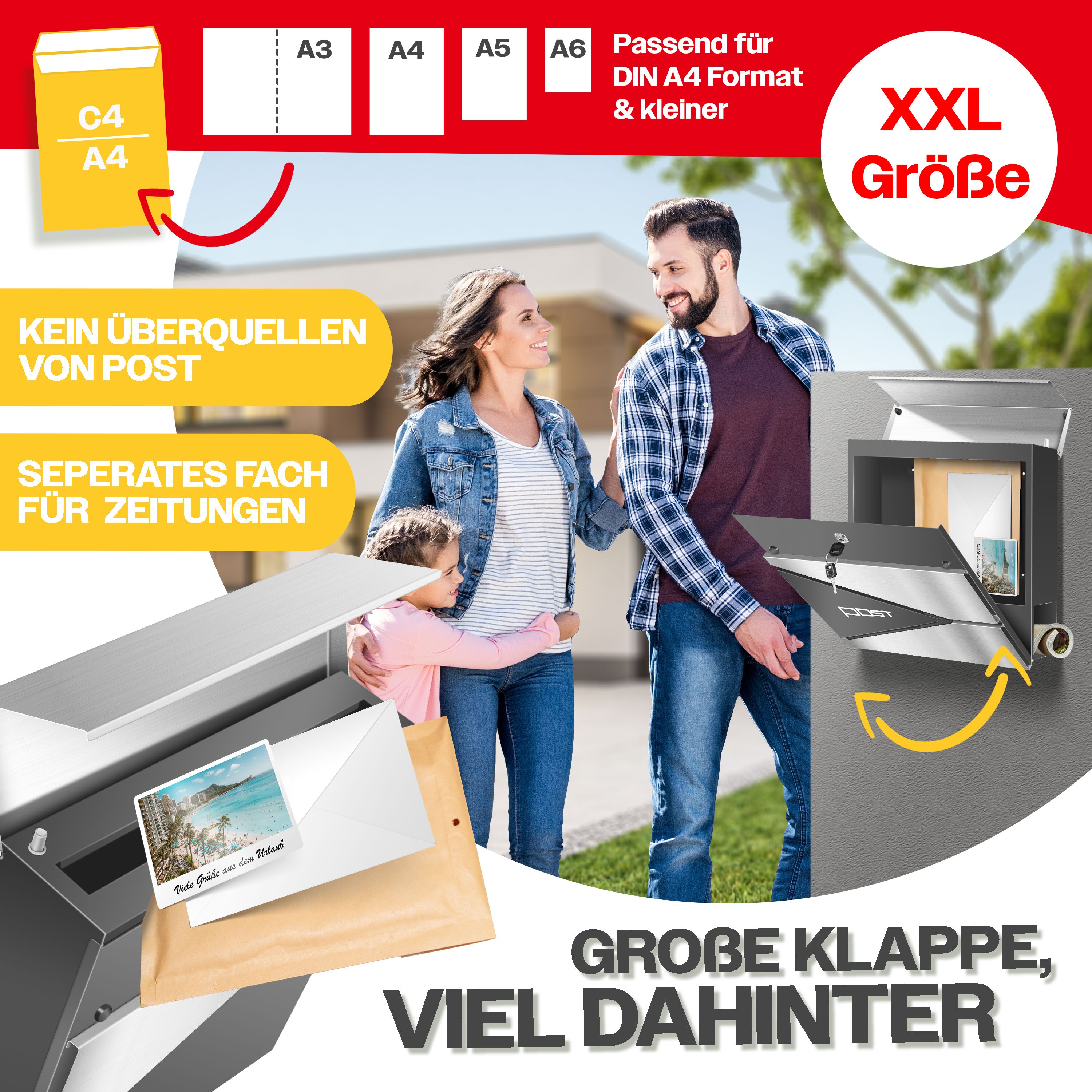 KESSER® Briefkasten mit Zeitungsfach Wandmontage Wandbriefkasten Edelstahl, 2x Schlüssel abschließbar, Moderner Postkasten Zeitungsrolle, inkl. Montagematerial, Softclose-Deckel