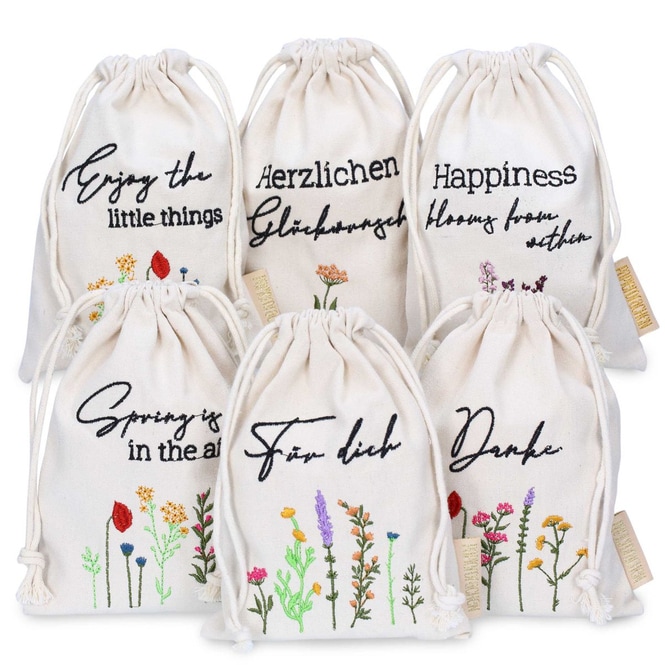6 Leinensäckchen - Frühling - Blumenstickerei - ca. 13 x 18 cm