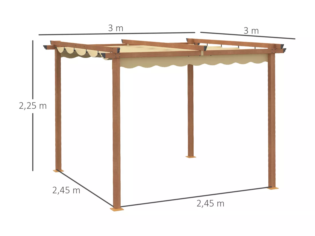 Pergola rétractable 3L x 3l x 2,25H m structure alu. aspect bois toile polyester haute densité beige