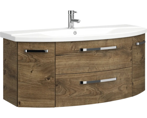 Badkamermeubelset Pelipal serie 4010, afmetingen (B x H x D): 120,5 x 200 x 48 cm, fronten in eikenhouten look, Ribbeck badkamermeubelset met 4 delen, inclusief witte keramische wastafel, keramische wastafelkast en spiegelkast met ledverlichting.