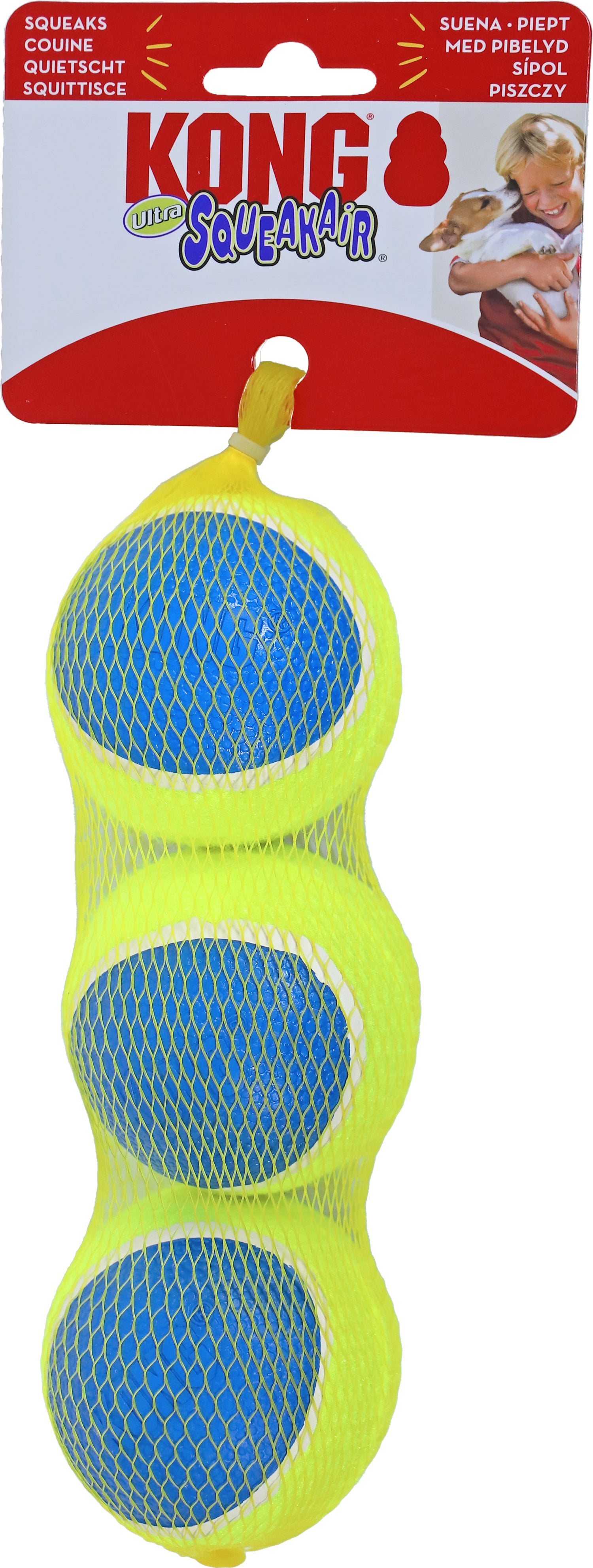 Kong hondenspeelgoed Squeakair bal geel / blauw D 6 cm 3 stuks