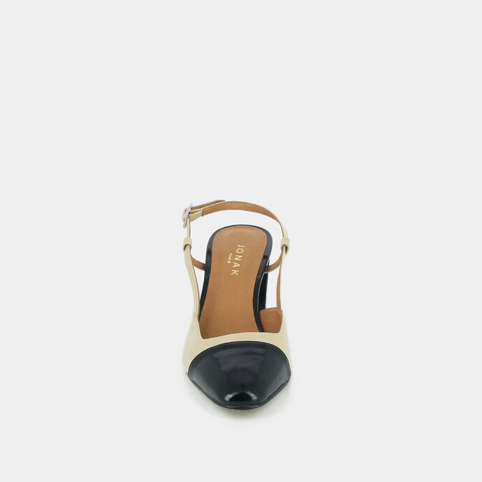 Babies à talons  en cuir vernis noir et beige