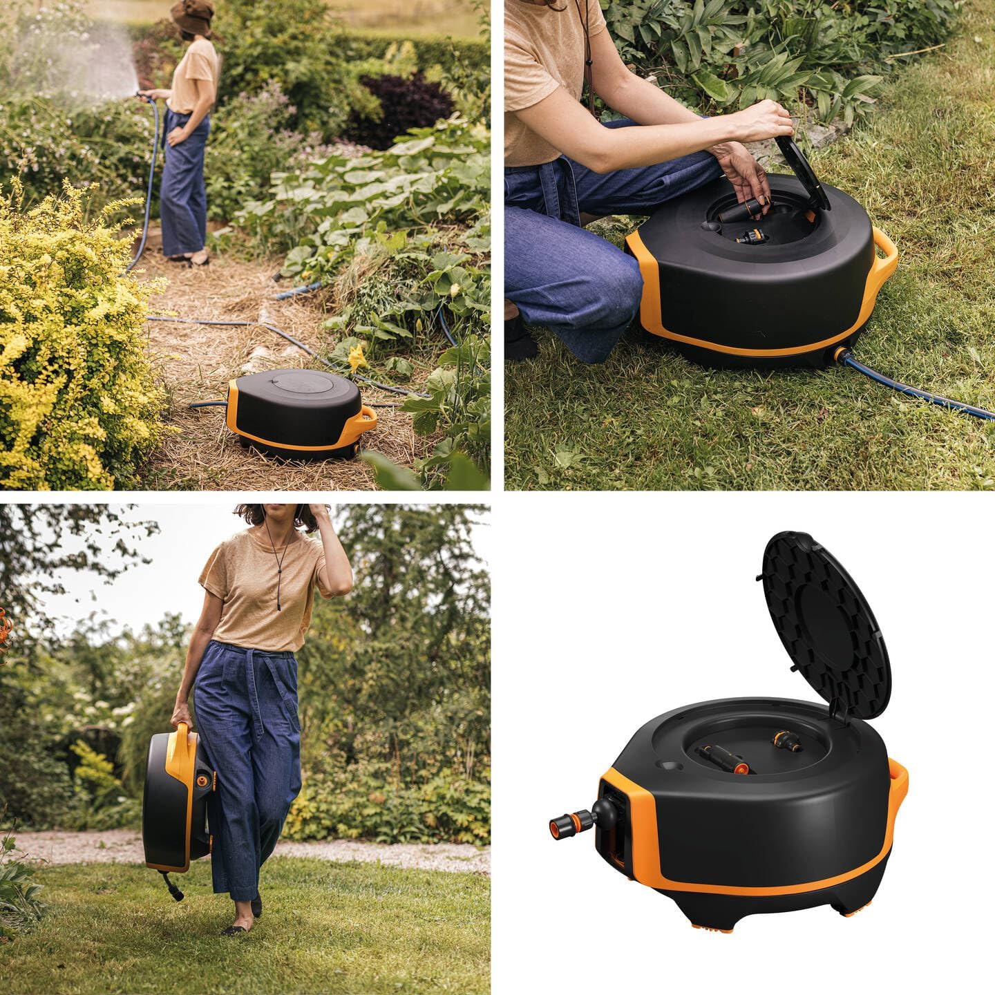 Fiskars Waterwheel XL, All-Inclusive-Bewässerungs-Set, 25 m Gesamtreichweite, Autom. Einziehen, Gartenschlauch in Universalgröße (Ø 13 mm), Universal-Hahnverbinder, Schwarz/Orange, X-Series, 1067549