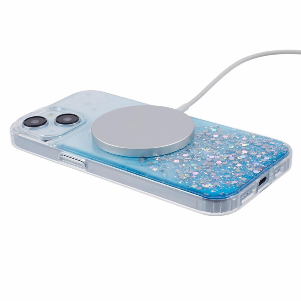 iPhone 14 MagSafe Hülle mit Acryl Rückseite und Farbverlauf im Glitzer Design - Blau
