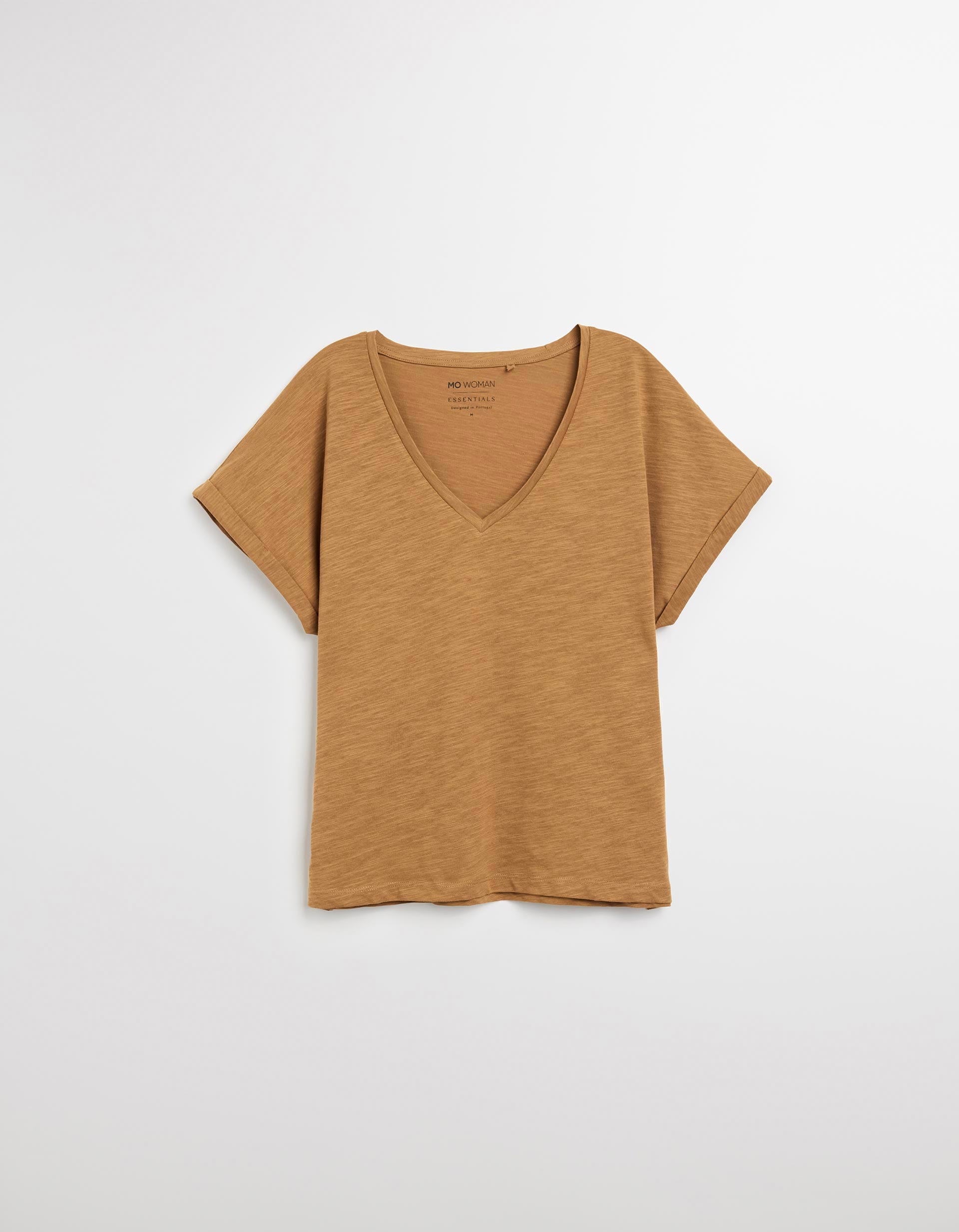 T-shirt Decote em V, Mulher, Castanho Claro