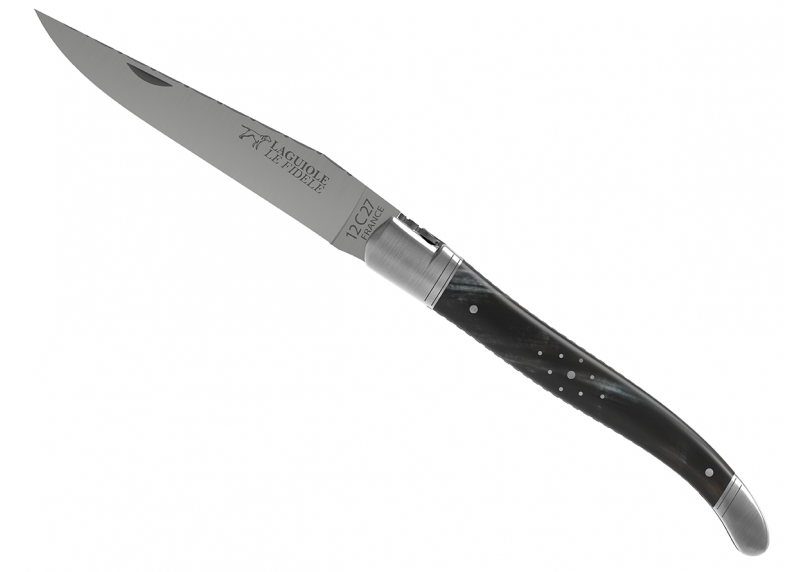 Couteau Laguiole prestige avec un manche en corne brune et mitres en acier inoxydable