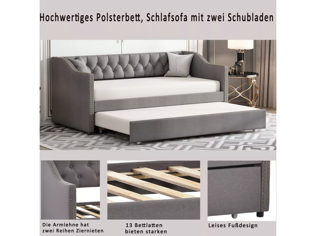 lit gigogne 90x200cm, canapé-lit, lit banquette 2 places, sommiers à lattes, canapé lit convertible style moderne - Gris