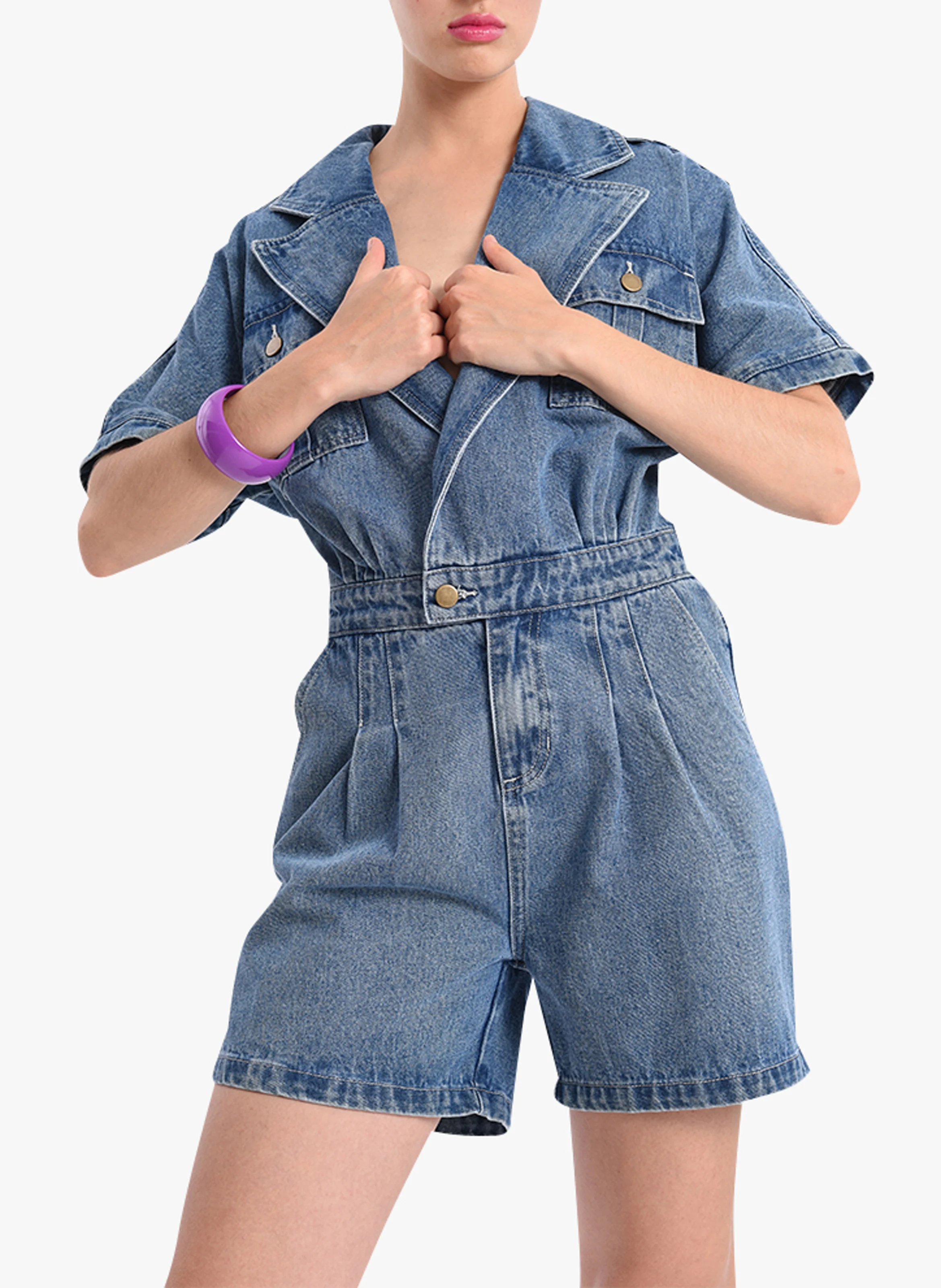 Combi short col tailleur en jean et coton mélangé| Bleu