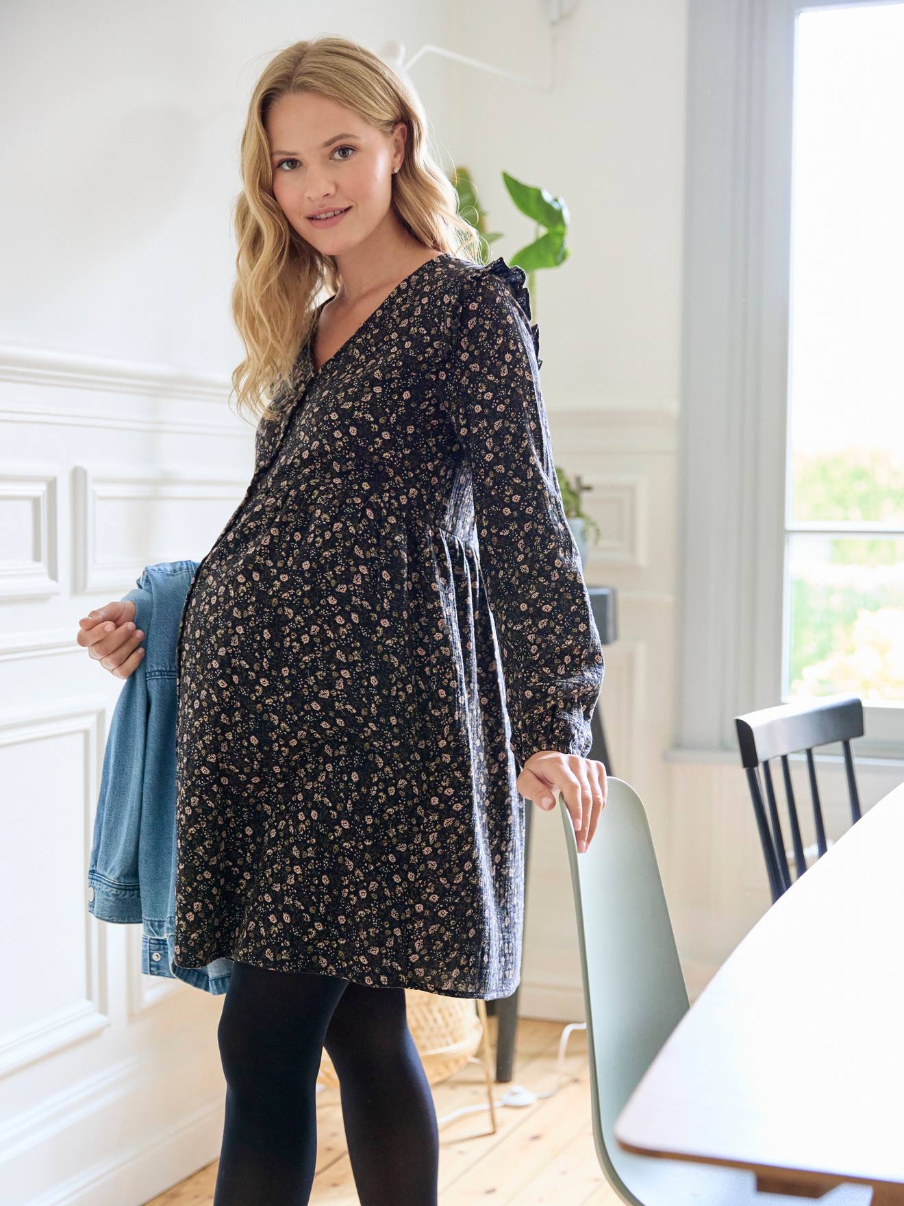 Vestido curto de chiffon de algodão para gestantes e lactantes, preto.