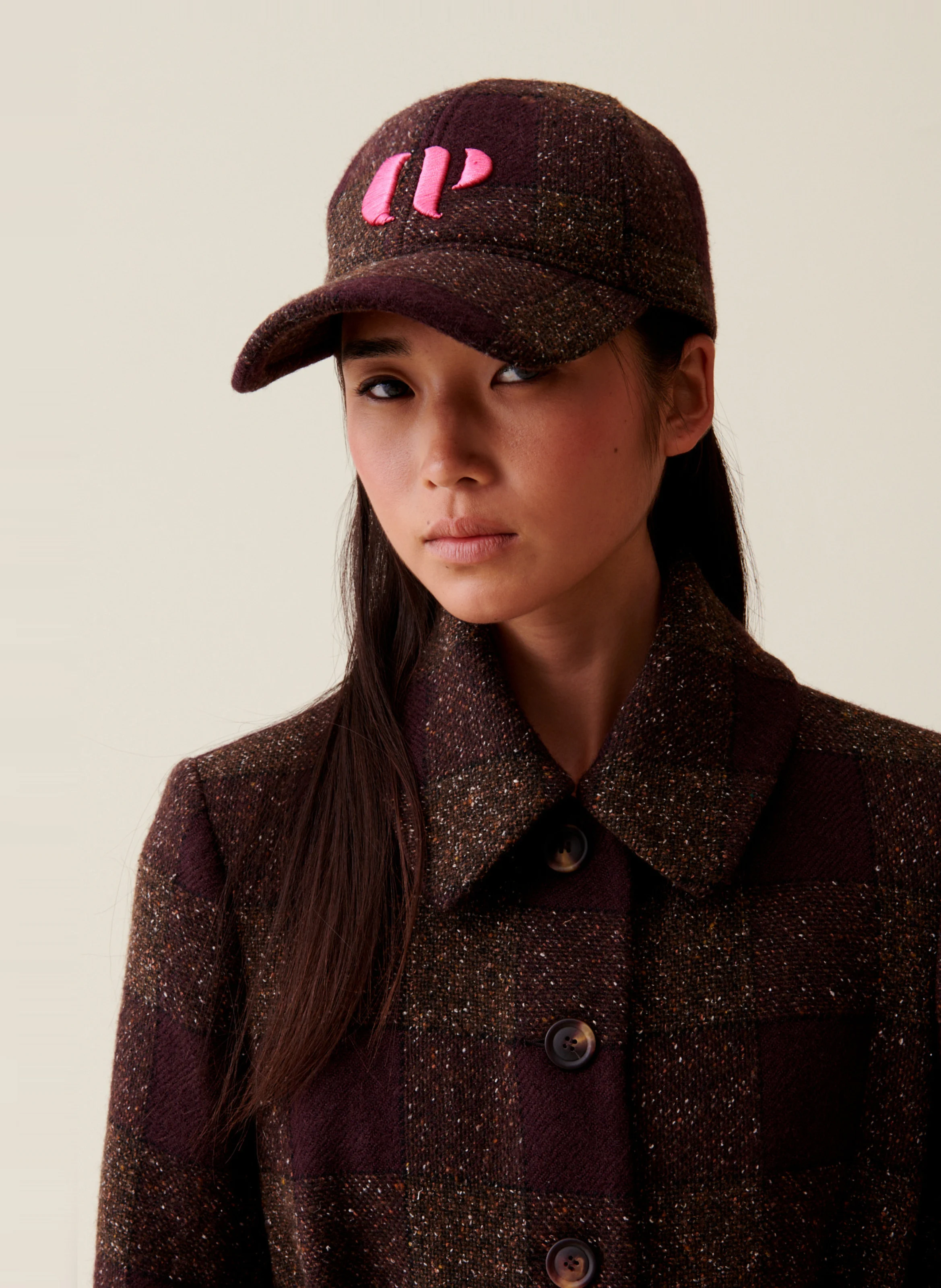 Casquette tartan brodée en laine mélangée | Rouge