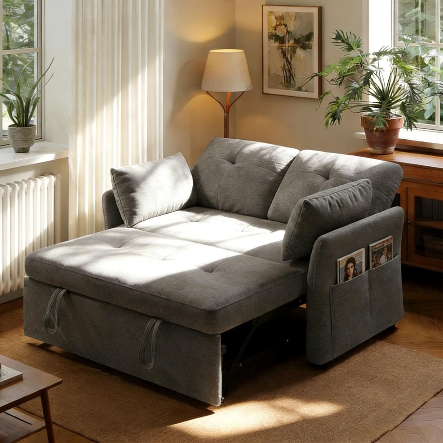 3-in-1 Schlafsofa mit 5-stufig Verstellbarer Rückenlehne, Schlafcouch mit 2X Kissen und 2X Seitentasche,Graues Leinen 2 sitzer Sofa für Gästezimmer & Kleine Räume
