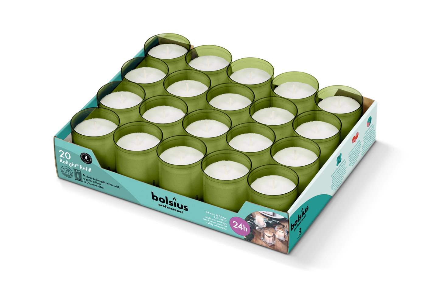 Bolsius Horeca Relight® Navullingen 64/52 Olijfgroen (20 stuks)