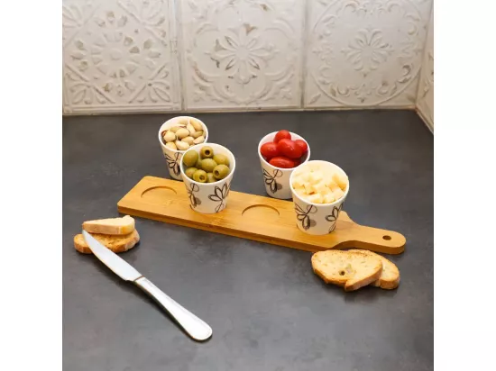 ~ Set apéritif tapas 4 verrines en bambou et céramique blanc et marron 34.5 x 8 cm
