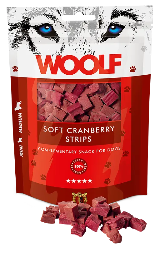 Woolf Cranberry strips 100g<br>Naturlig og proteinrik! Zip-lås pose