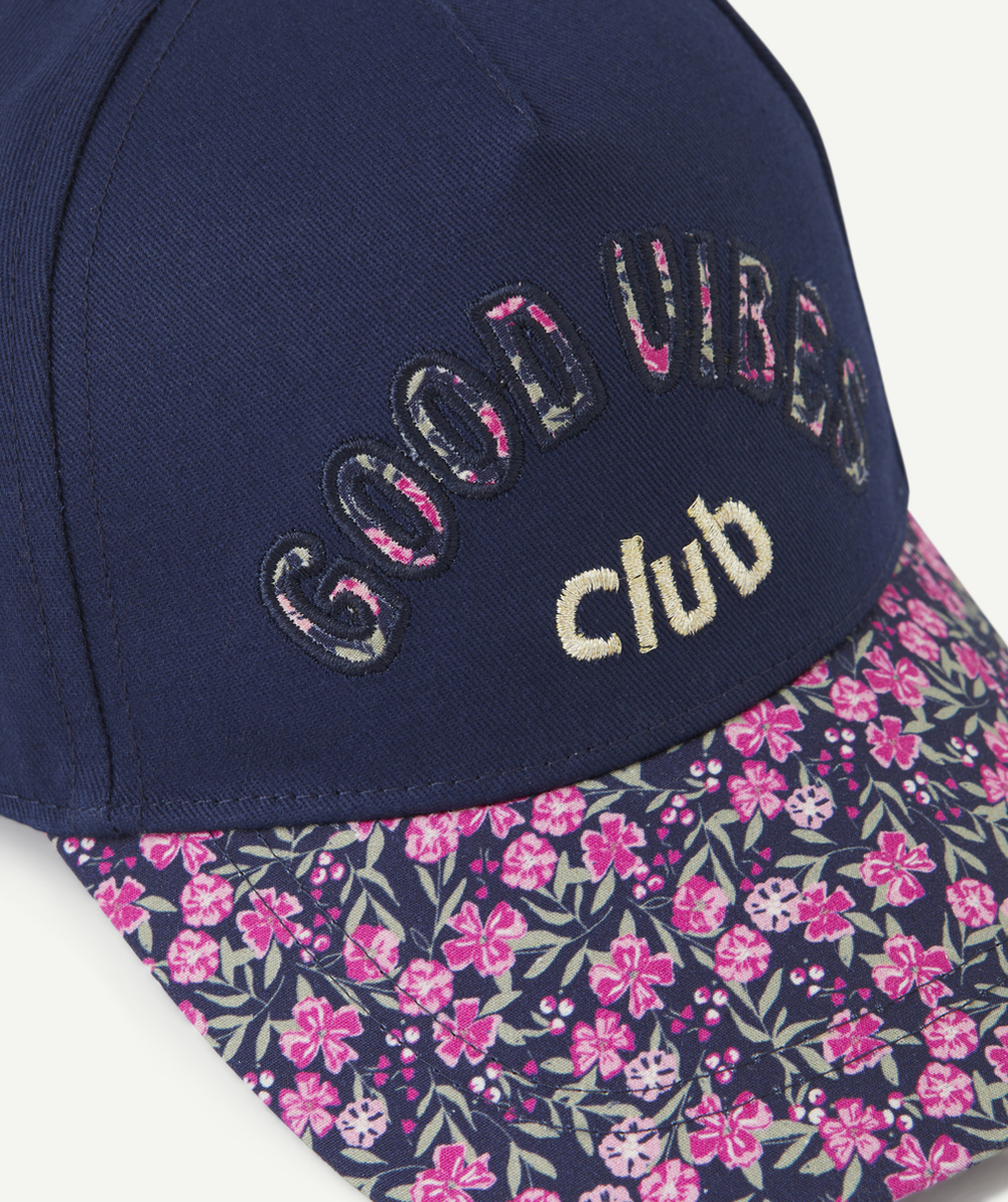 CASQUETTE FILLE BLEU MARINE IMPRIMÉ FLEURI AVEC MESSAGE
