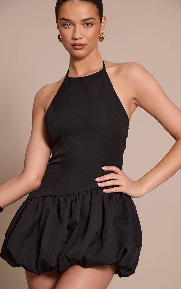 Noir Robe Mini Boule Bouffante Tissée À Col Licou