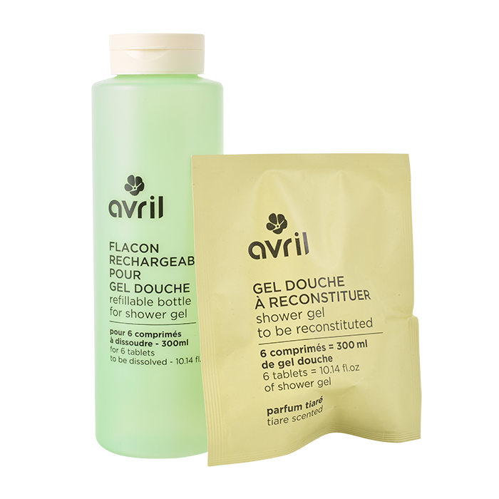 Kit gel douche Tiaré en pastilles + flacon