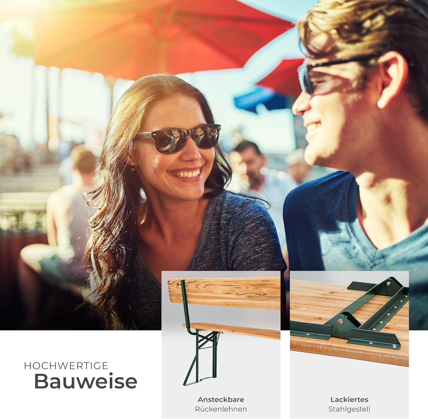 tectake® Bierzeltgarnitur mit Lehne, Biertisch Klapptisch mit 2X Sitzbank mit Lehne, Gartenmöbel Set, Camping Zubehör, Klapptisch Esstisch, Camping Tisch faltbar, Balkontisch, Campingtisch klappbar