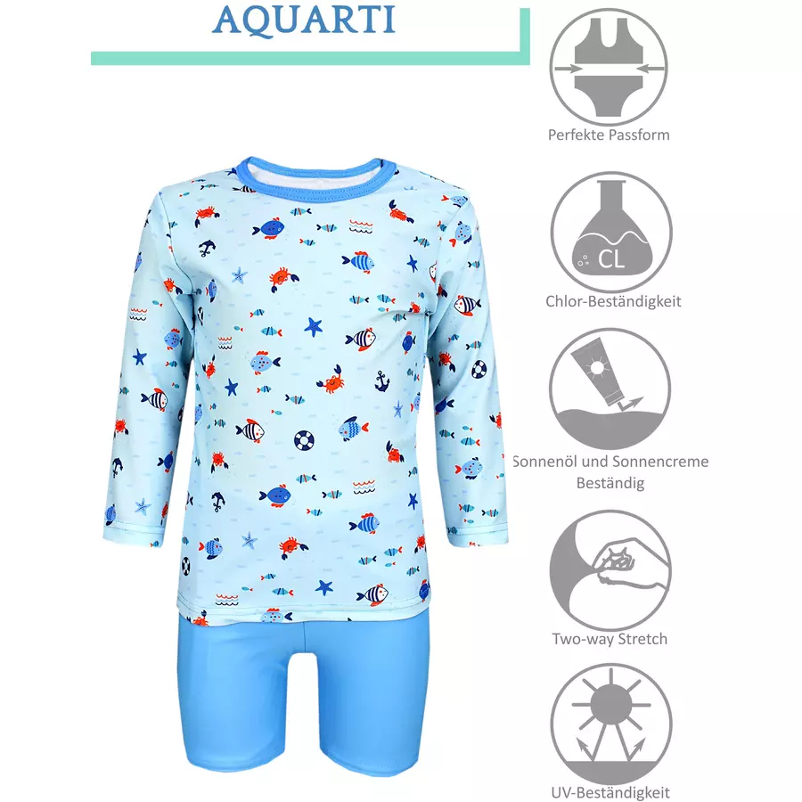 Aquarti Baby Jungen Bade-Set Zweiteiliger Badeanzug T-Shirt Hose hellblau