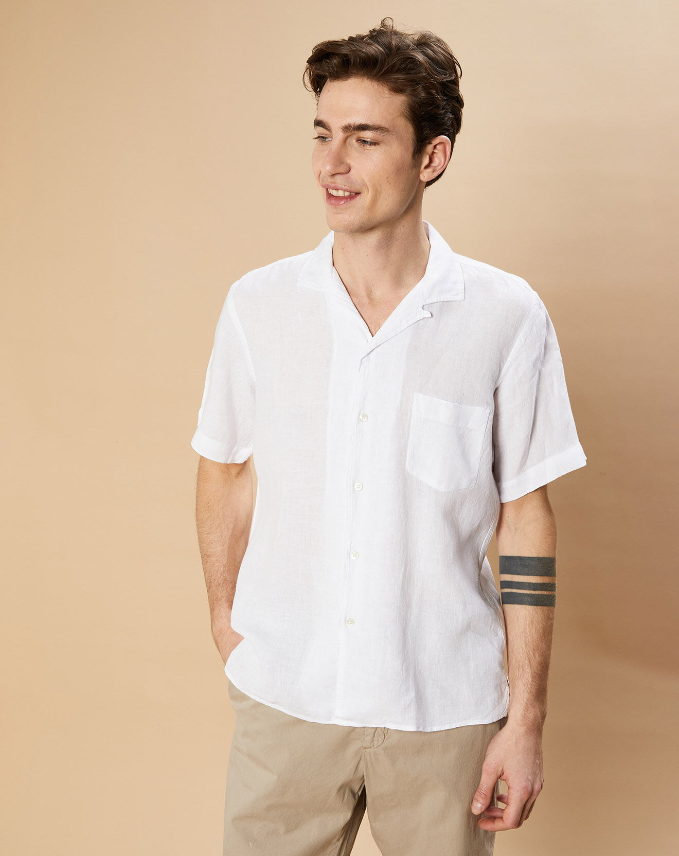 Hartford Chemise Regular 100% Lin Palm Pat blanche