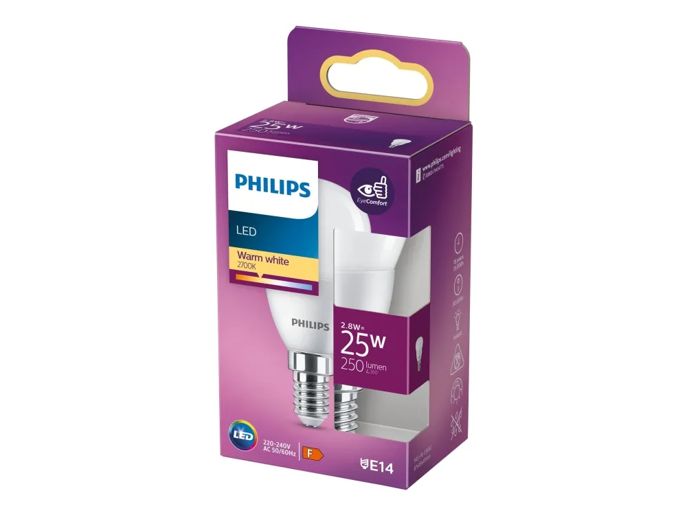 Philips - LED-lyspære - form: P45 - matteret finish - E14 - 2.8 W (tilsvarende 25 W) - klasse F - varmt hvidt lys - 2700 K