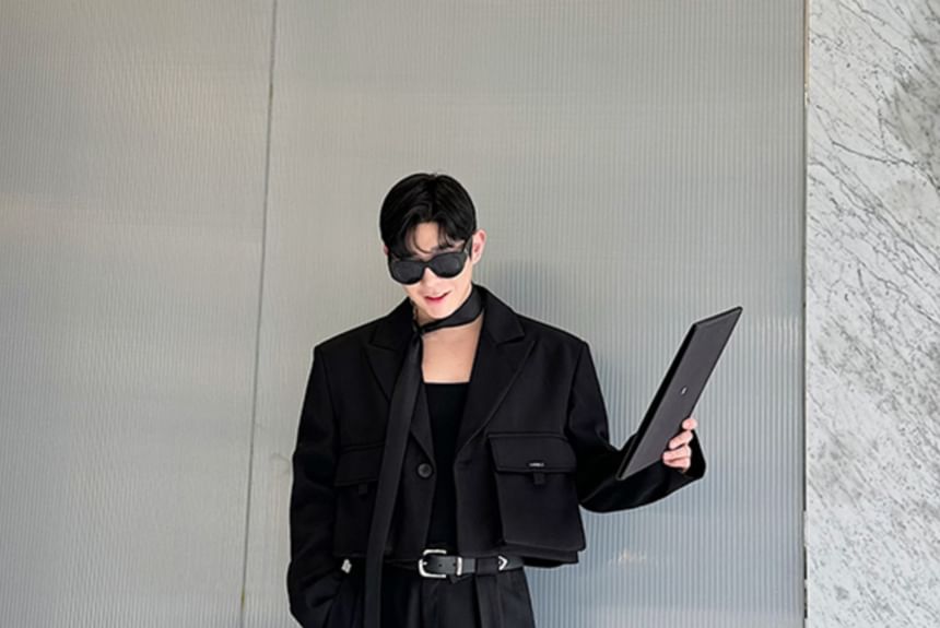 Freehop - Set: Peak Lapel Plain Flap Pocket Single Breasted Blazer + Mid Rise Button Slit Straight Leg Dress Pants