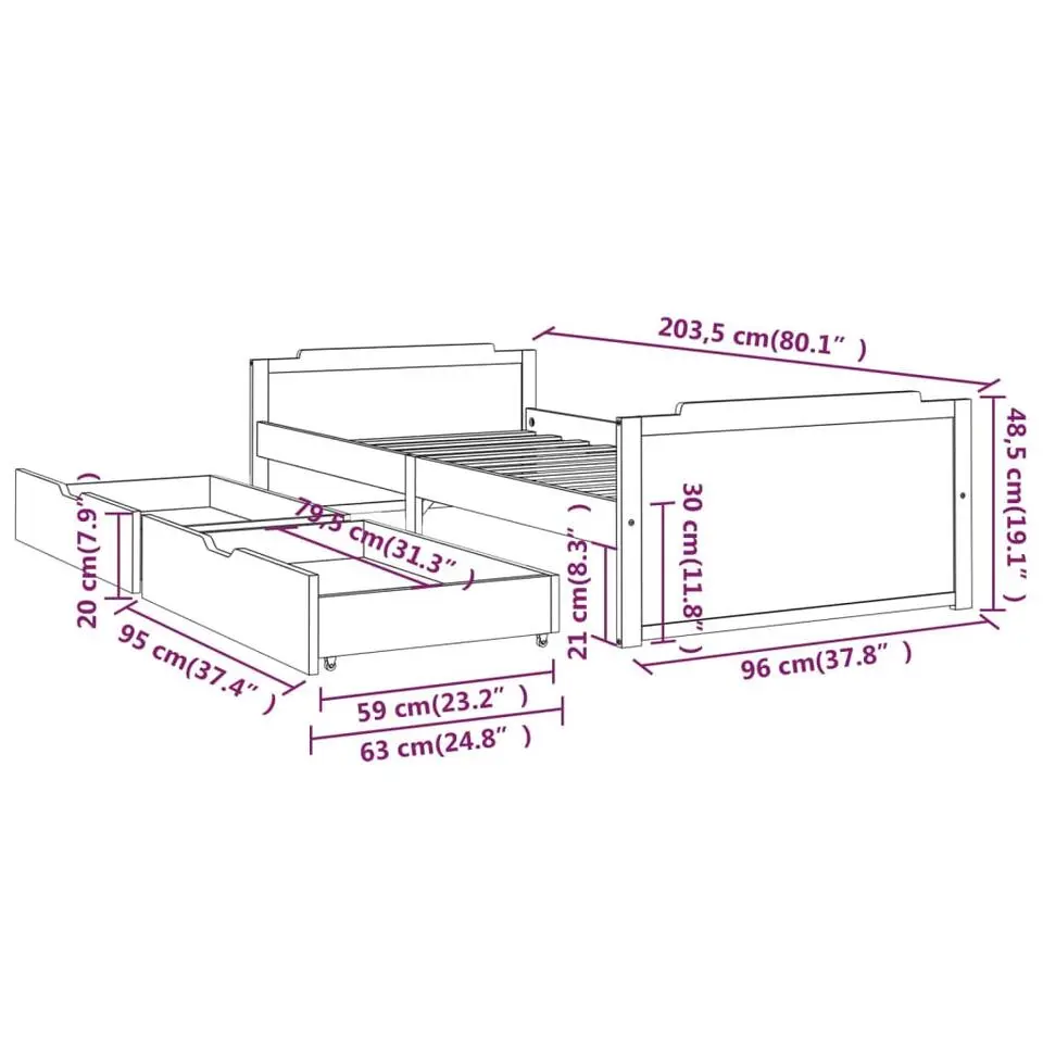 vidaXL - Bed frame met lades - Wit - Massief grenenhout - 90x200 cm