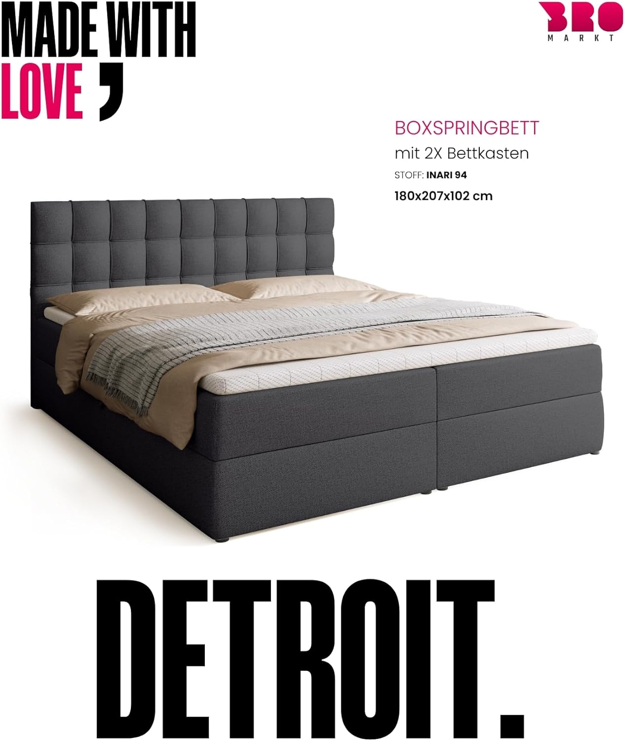 BROMARKT Boxspringbett mit Bonell Matratze und Bettkasten Doppelbett mit Topper 180x200cm Härtegrad H3 Bett für Schlafzimmer gepolsterte Kopfstütze Detroit Dunkelgrau