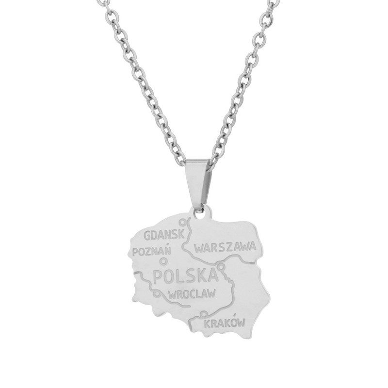 Pendentif carte de la Pologne en acier argenté + chaine 2cm de haut