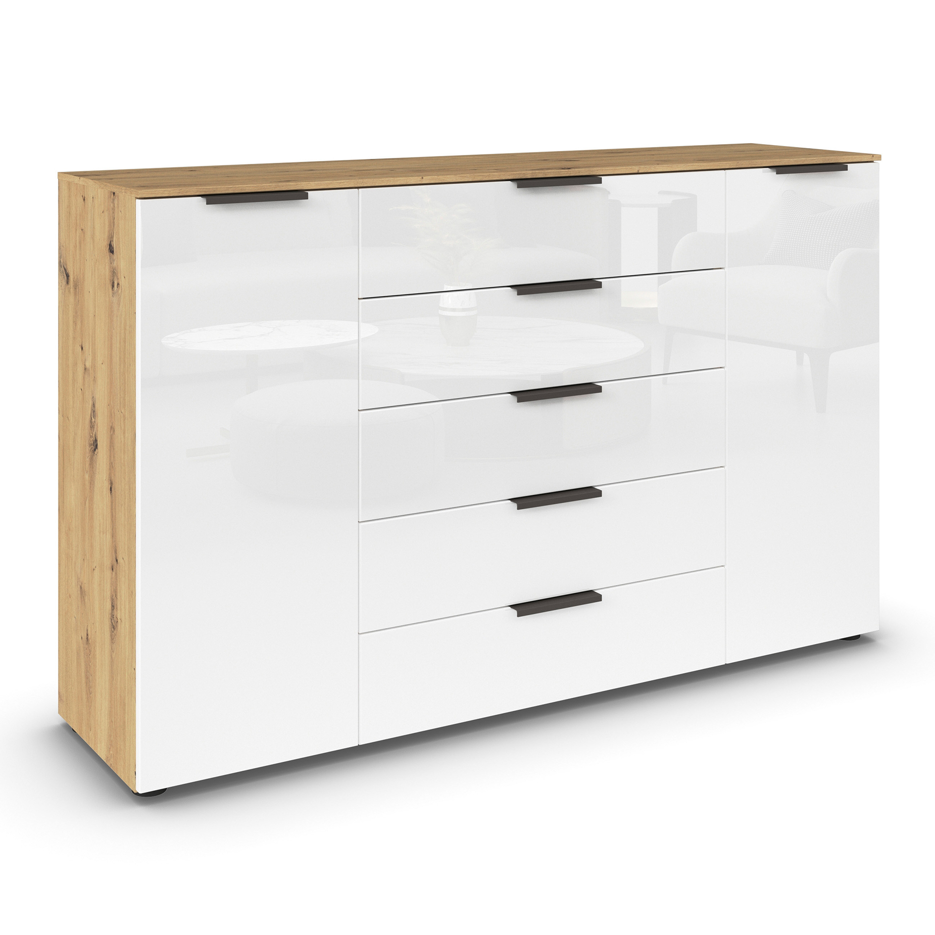 Kommode - Artisan Eiche-Kristallweißglas - Graphitgriffe - 160 cm