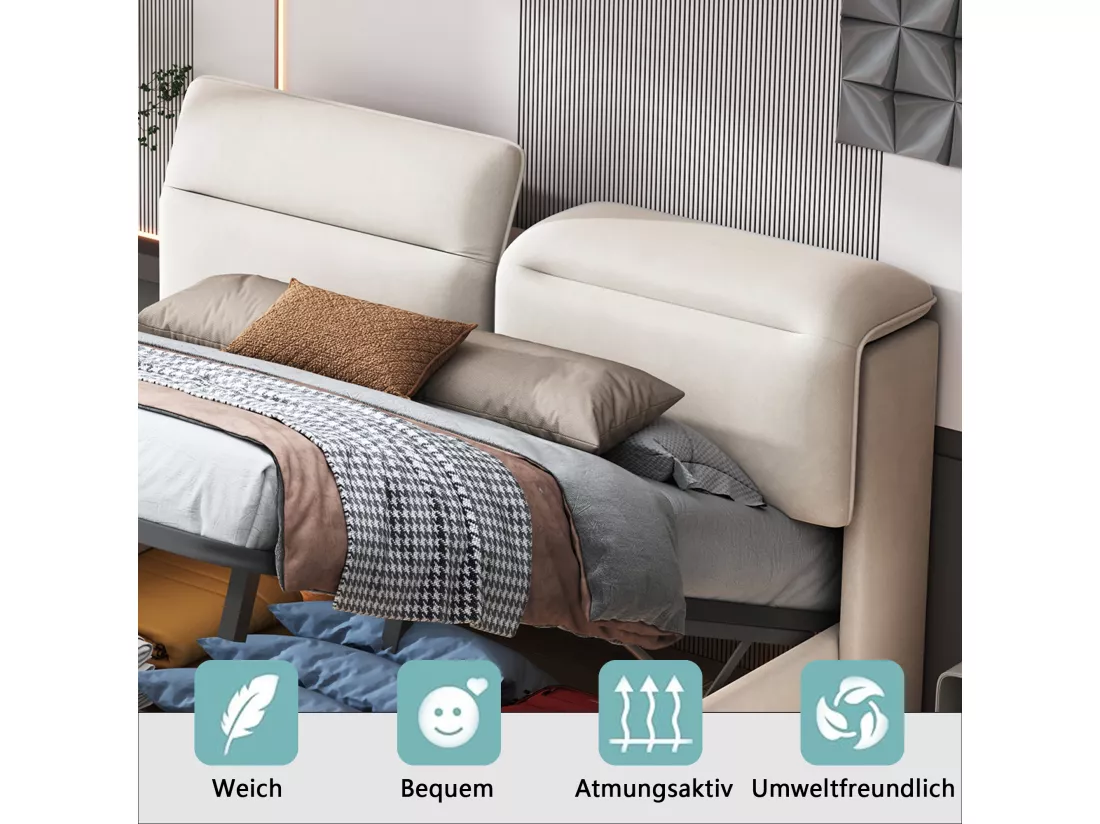 Lit coffre 160x200cm en tissu velous - avec tête de lit pliante et sommier à lattes - Beige
