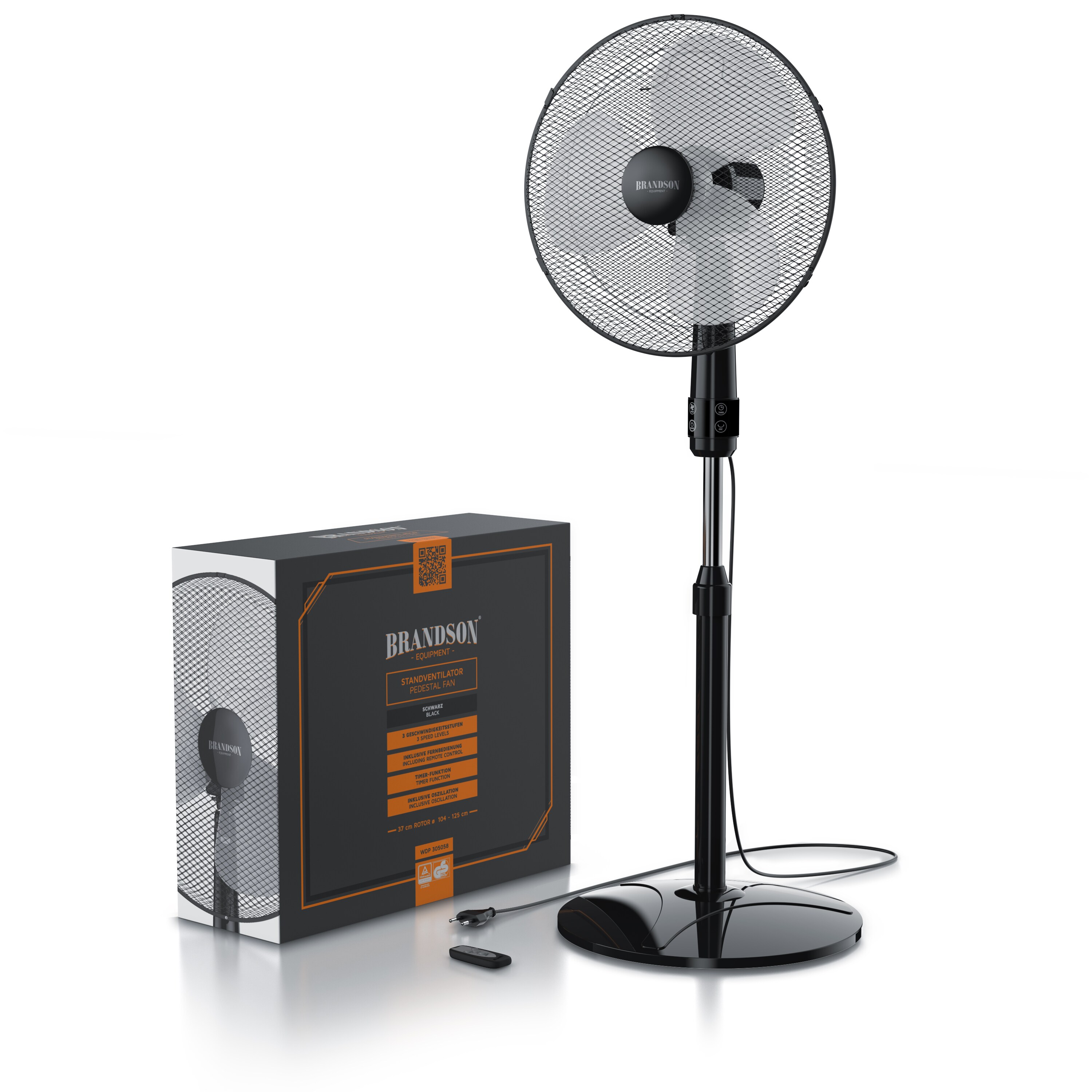 Brandson Standventilator mit Fernbedienung 50W, leise, Ventilator höhenverstellbar, 30° neigbar , 3 Geschwindigkeitsstufen, Oszillation ca. 90°