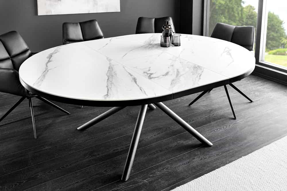 Ausziehbarer Esstisch MIKADO 120-160cm weiß Keramik oval schwarz Sterngestell