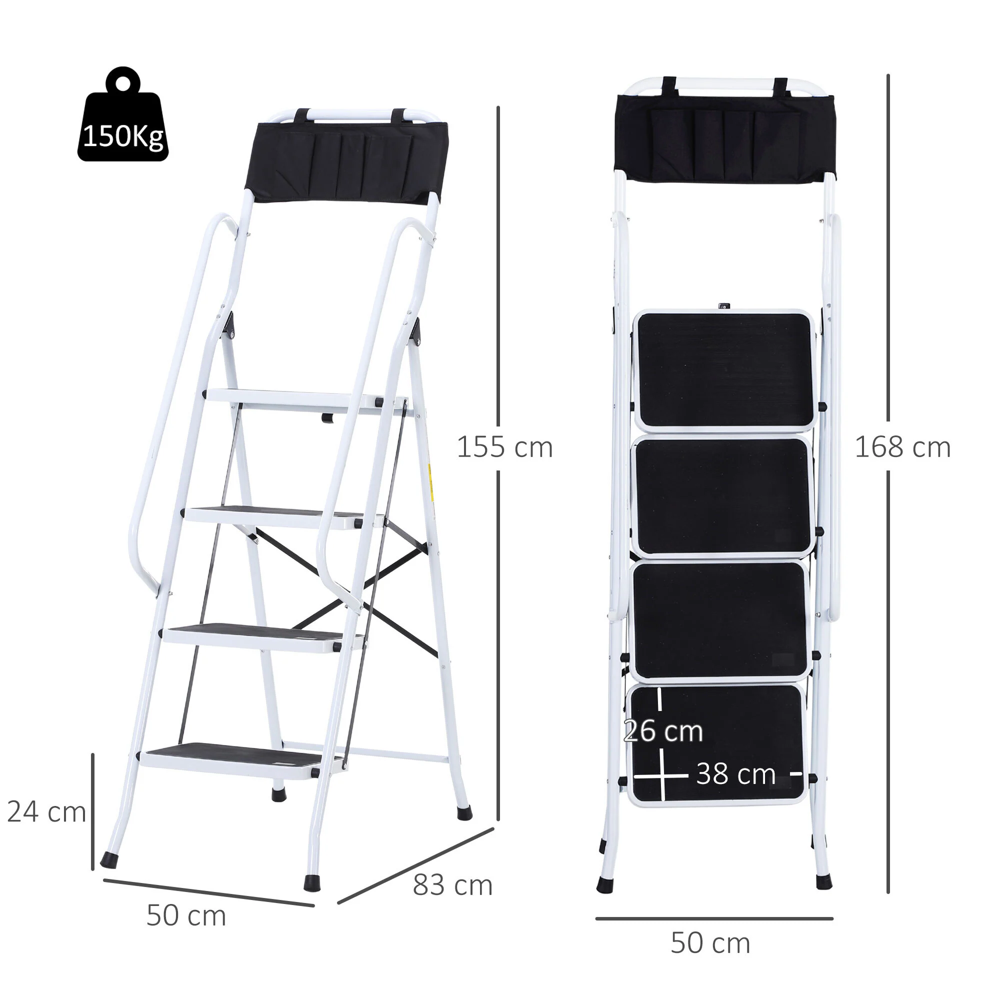HOMCOM Trittleiter mit Werkzeughalterung schwarz, weiß 50L x 83B x 155H cm