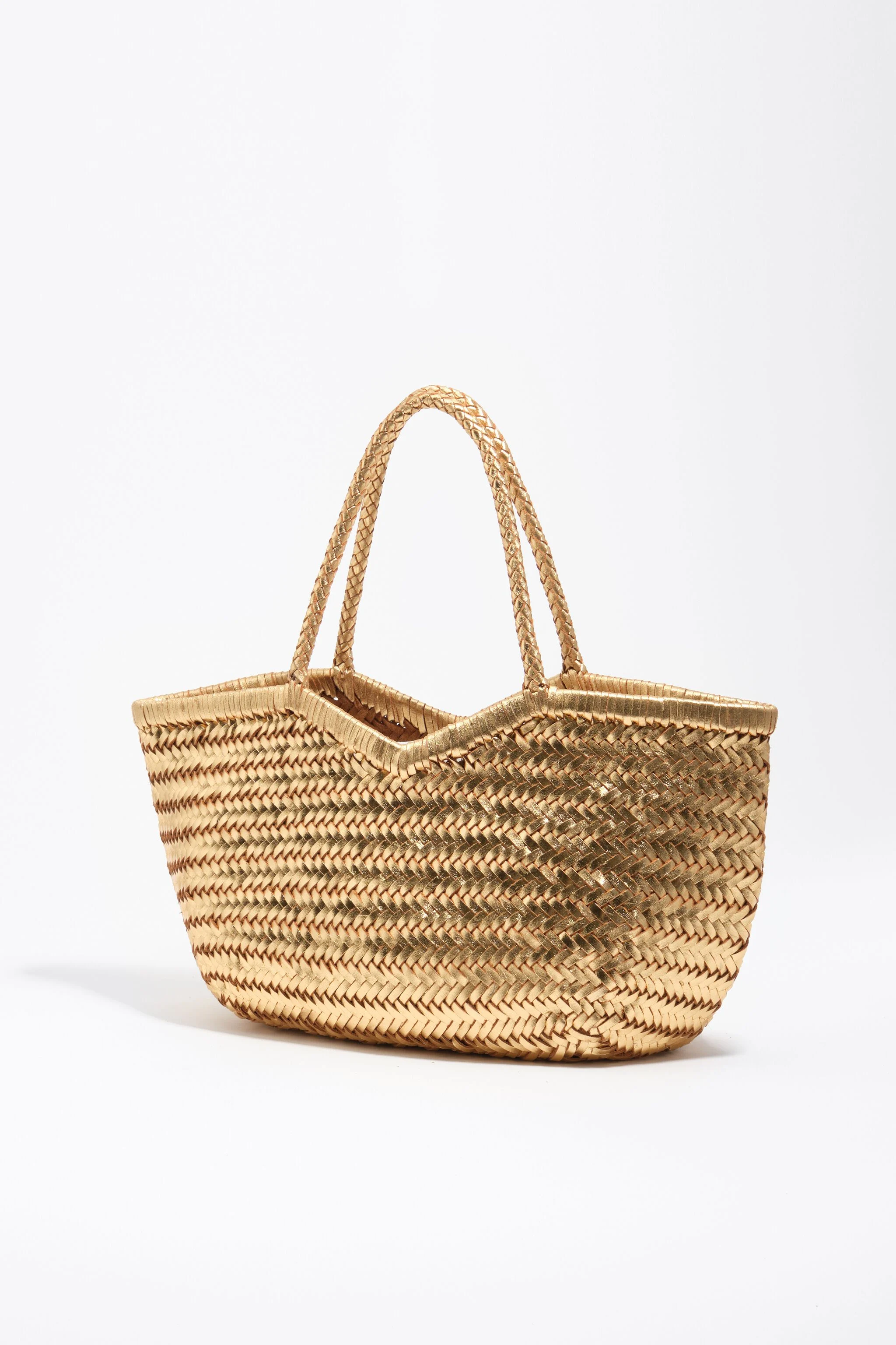 Bolsa de compras grande em couro trançado dourado