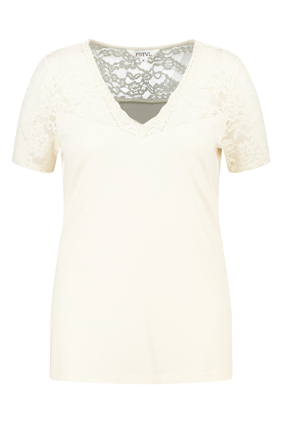 Rib t-shirt met kant Cream