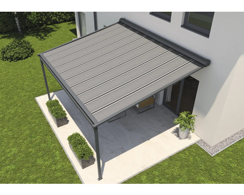 SOLUNA Pergola met stoffen dak 4x3, stoffen dessin A131, frame RAL 7016 antracietgrijs, aandrijving links inclusief motor, wandschakelaar (wandmontage)