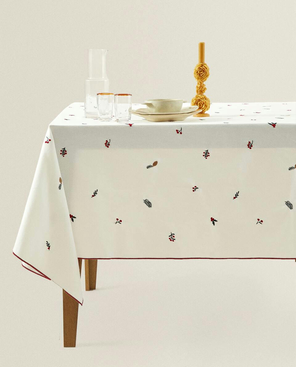 TOALHA DE MESA DE ALGODÃO COM BORDADO DE RAMO DE NATAL