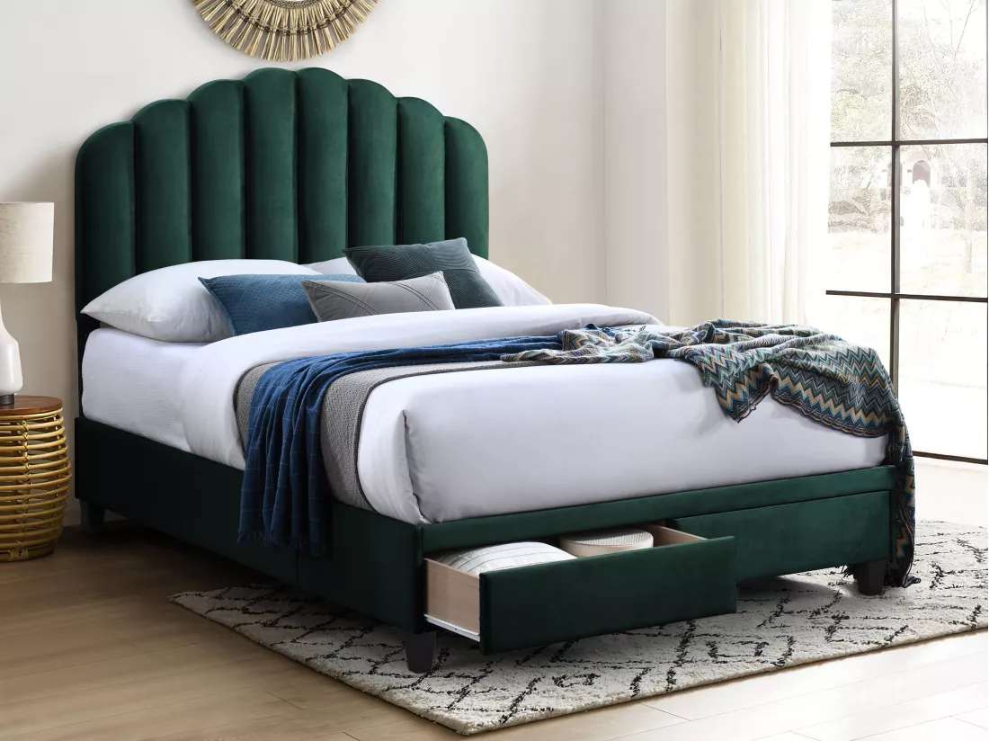 Lit 140 x 190 cm avec tiroirs - Velours - Vert sapin - ILISIO