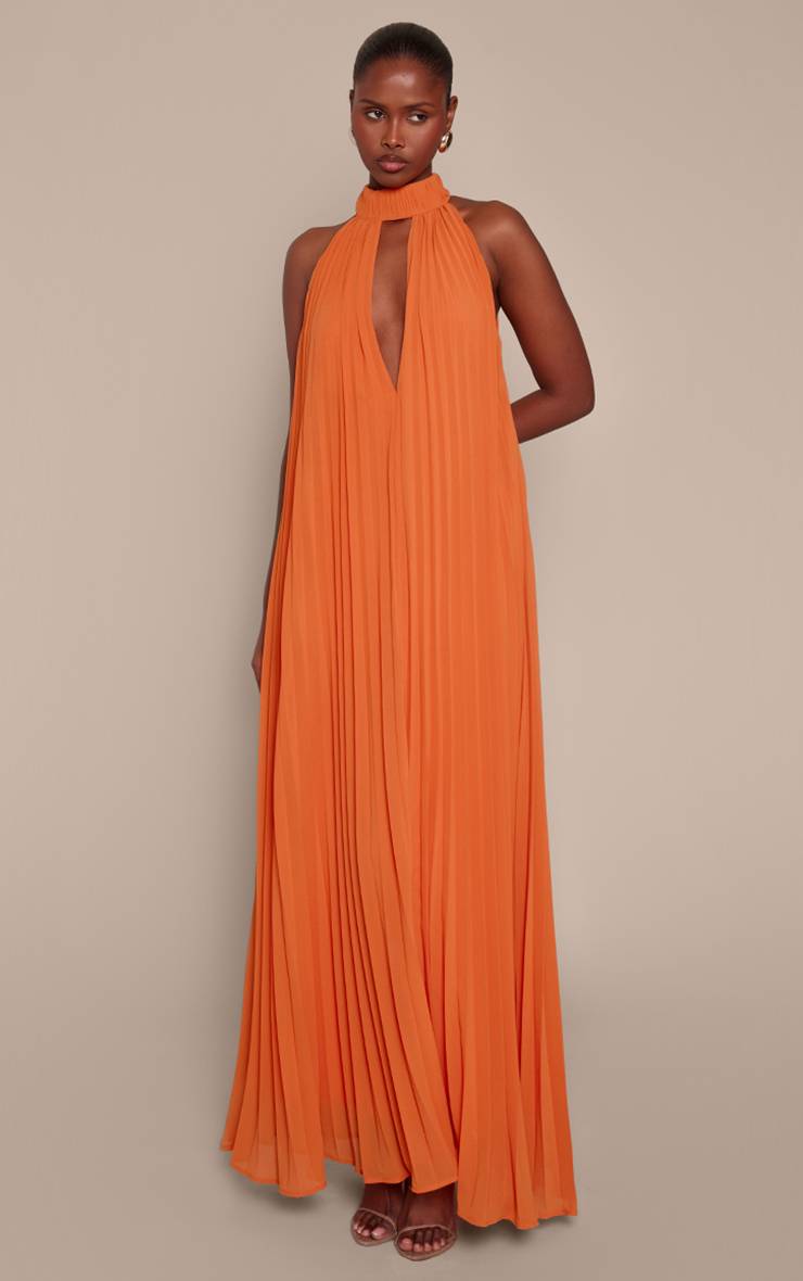 Orange Robe Longue Plissée À Col Montant