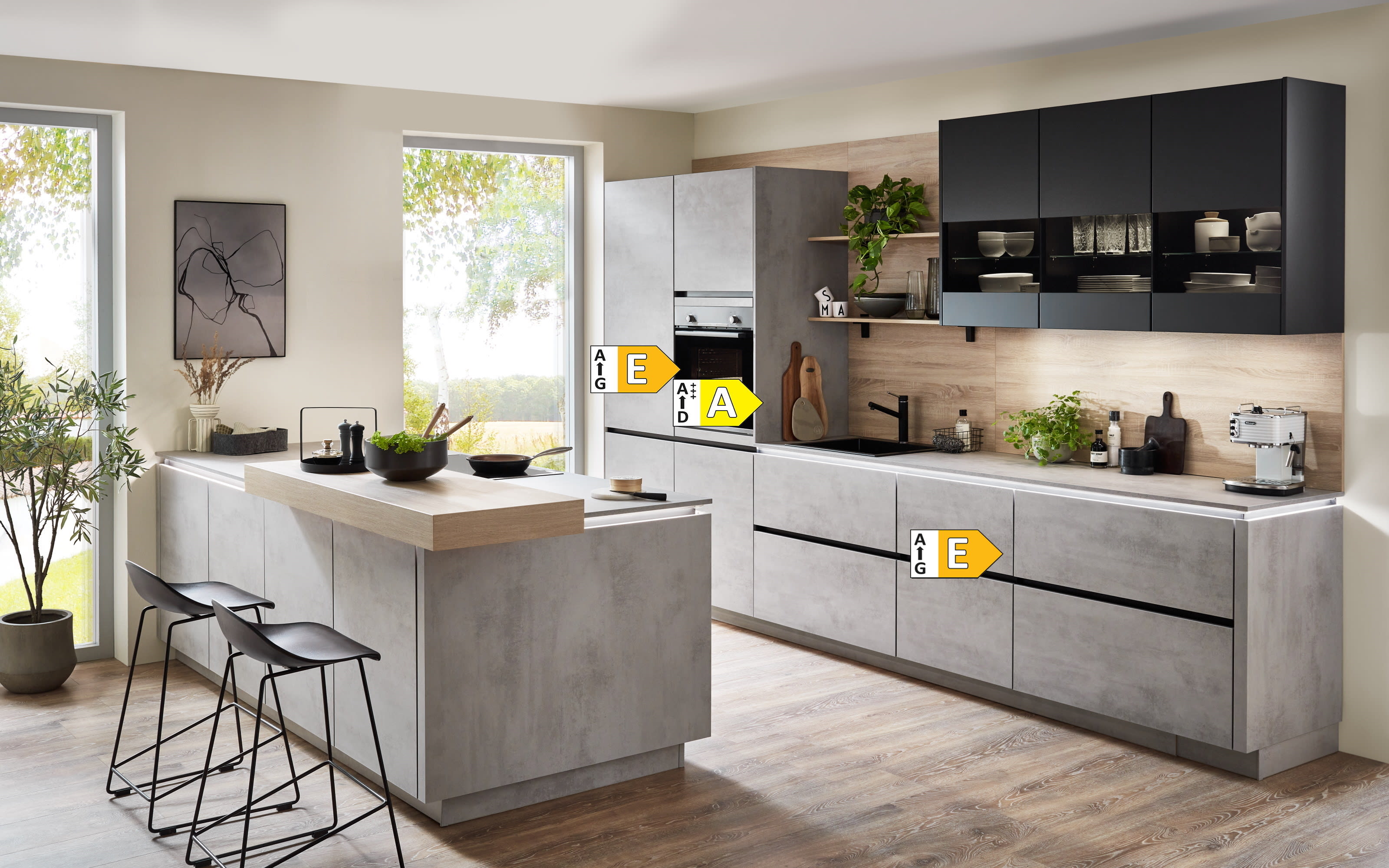 Einbauküche Rosian/Torna, Beton grau, inkl. Bosch Elektrogeräte
