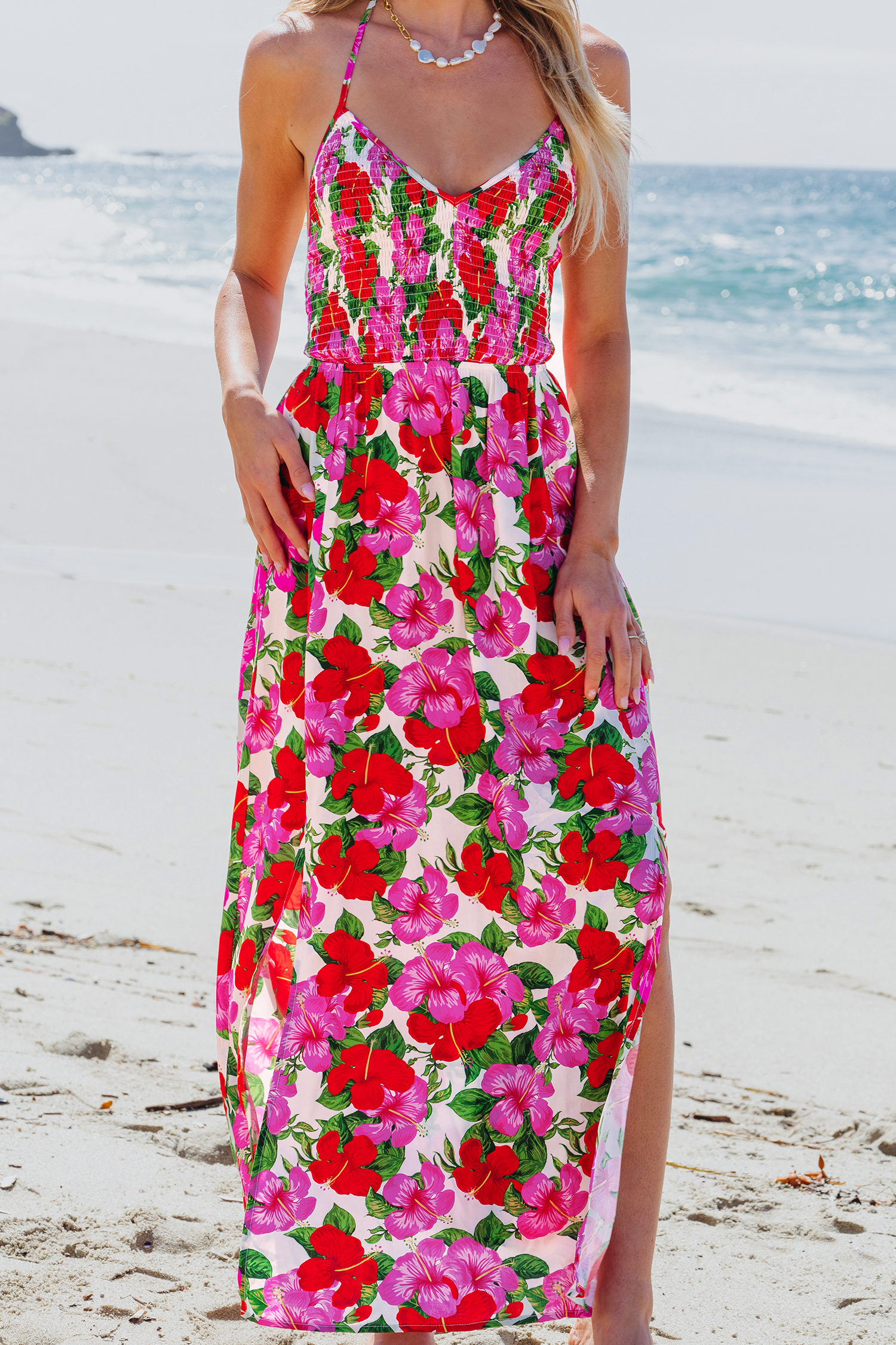Robe maxi avec col licou et corsage à smocks à fleurs