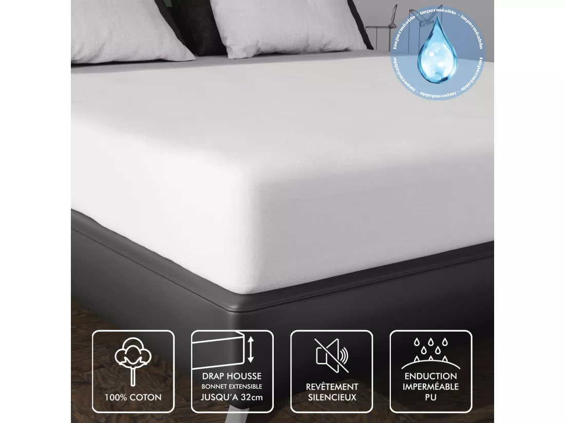 Protege matelas coton 80x200 cm MOLLETON imperméable pour lit à têtes et pieds relevables, par Soleil d'ocre