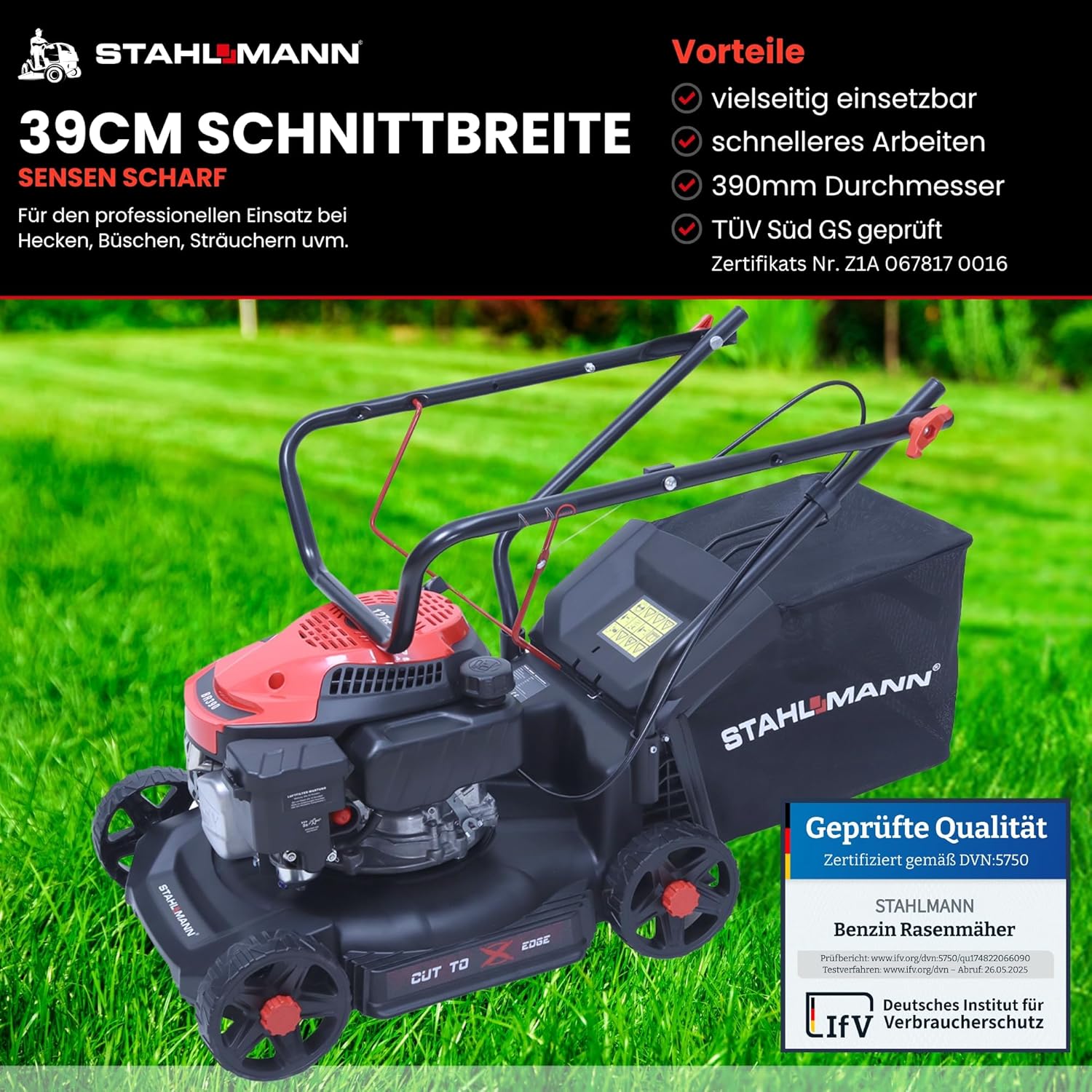 STAHLMANN Rasenmäher Benzin BR390 – 4,0PS (2,9kW) 127ccm, 39cm Schnittbreite, Mulchen, Schnitthöhenverstellung, kompaktes Design, 35L großer Fangkorb