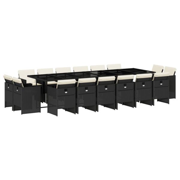 vidaXL 17 Peças Conjunto de Jantar para Jardim com Almofadões Vime Pe Preto - 3364776328