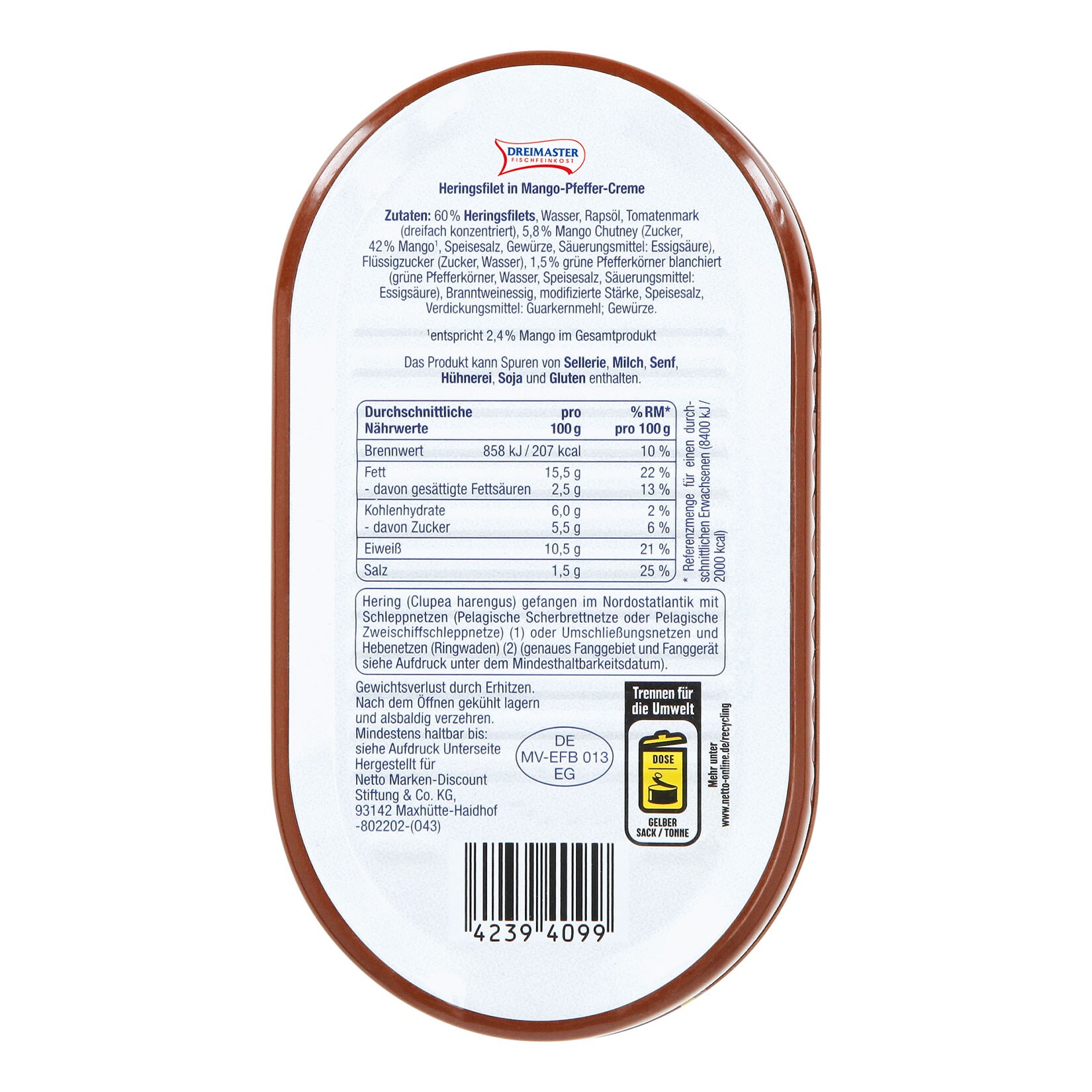 Dreimaster Heringsfilet in Mango-Pfeffercreme 200 g, 18er Pack