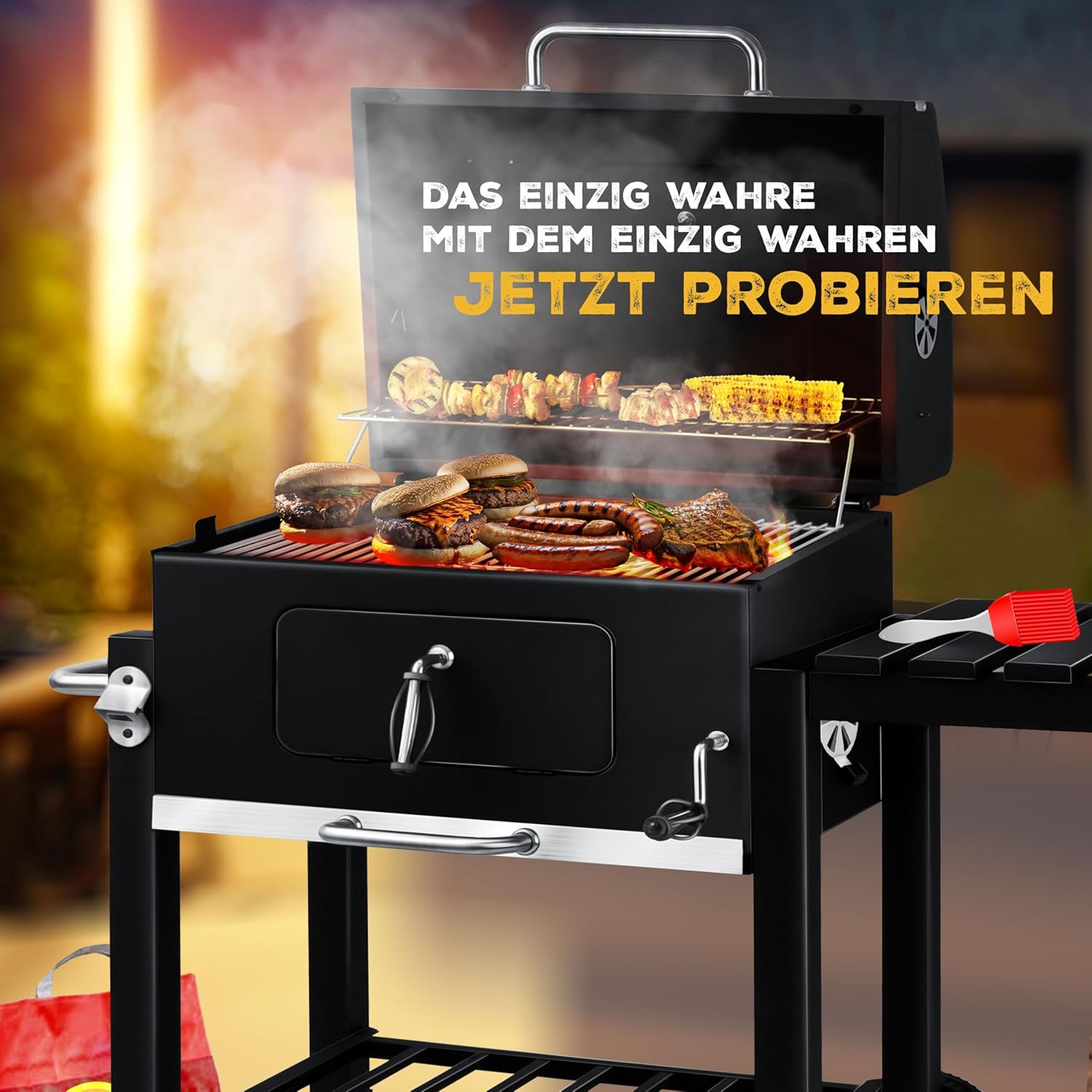 KESSER® Grillwagen BBQ Smoker XL Holzkohlegrill mit Deckel, Rädern, Edelstahl-Griff, Thermometer, Grillrost, Bürste, Abdeckhaube & Silikon-Pinsel, Standgrill, Kohlegrillwagen