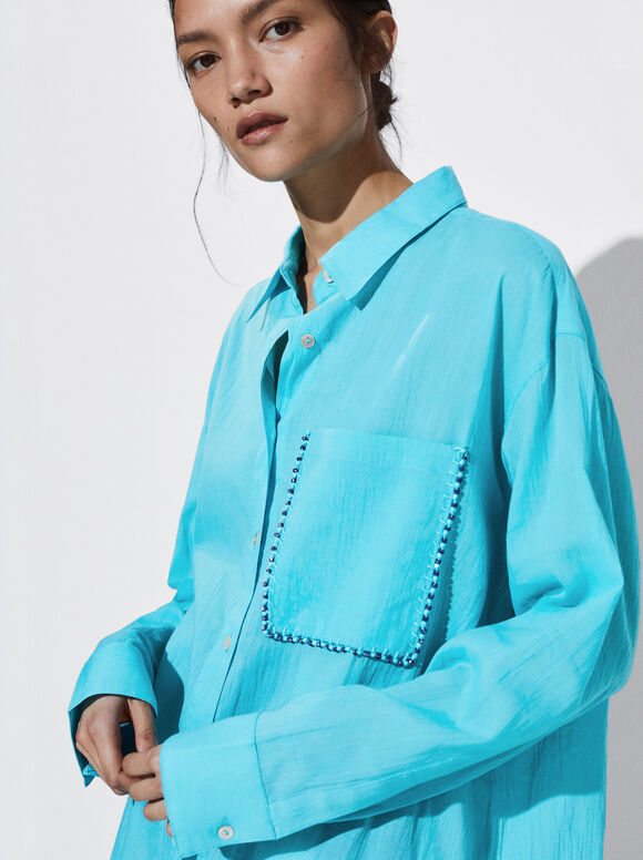 Camisa de algodão com bolso bordado com miçangas - Azul